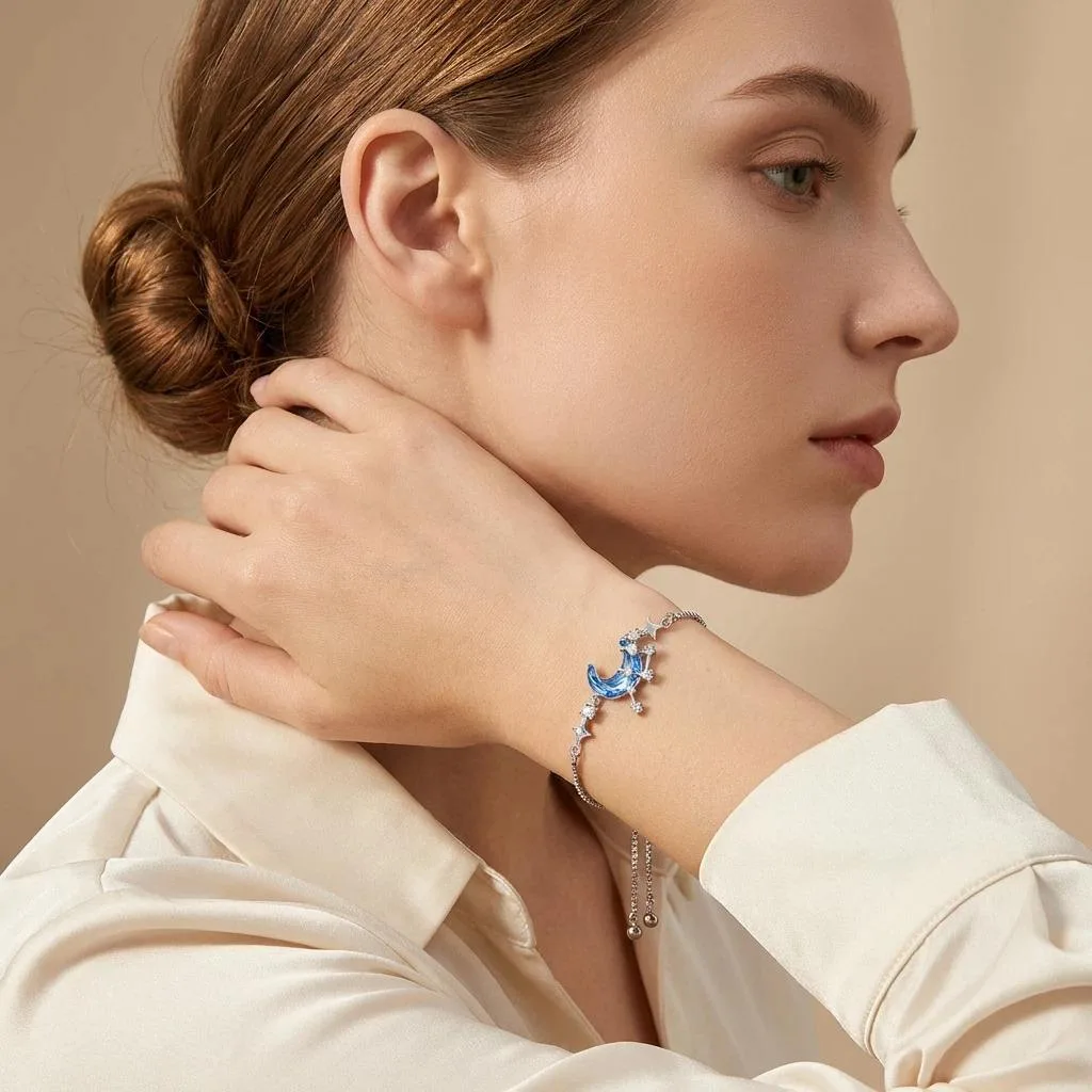 Women Fashion Charms Moon Star Bracelets Jewelry Fancy Jewellery Blue Copper Trendy Tennis Adjustable Chain Bracelet for Gift view 2