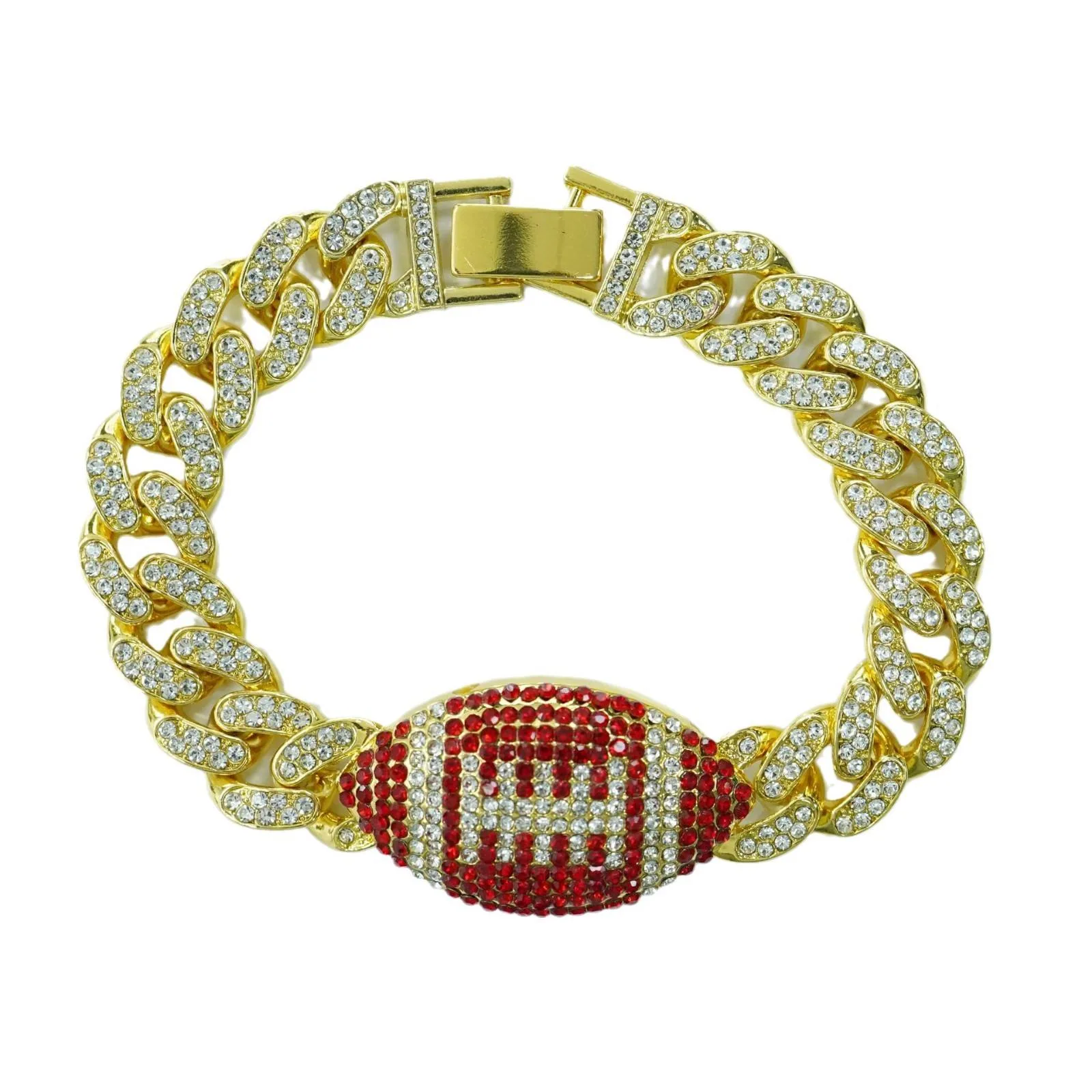 Fashion Jewelry Wholesale Red Rugby Bracelets Hip Hop Gold Plated Miami Cuban Bracelet Luxury Brilliant Bracelet for Women Men view 2