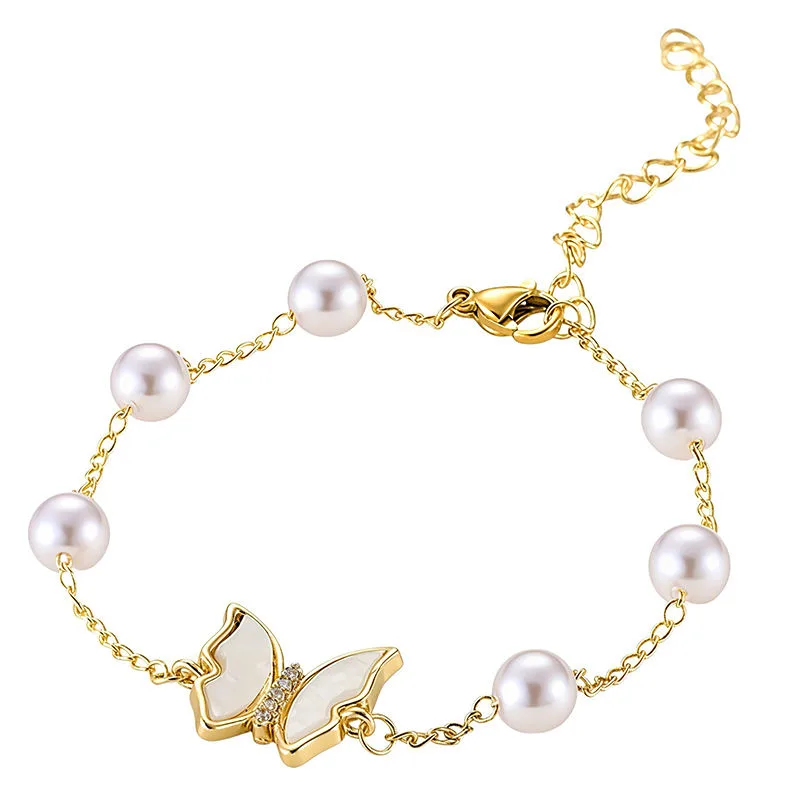 French Luxury Design Ins Pearl Beaded Shell Butterfly Bracelet Gold Plated Charms Bracelets Fashion Jewelry for Valentines Gift