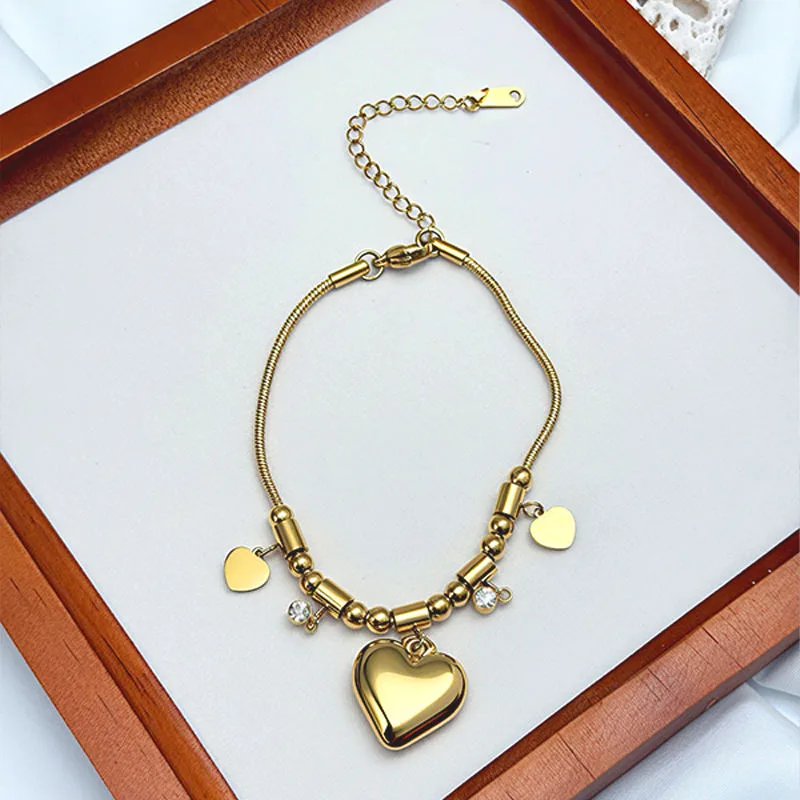 Factory Wholesale Women Fashion Gold Plated Stainless Steel Jewelry Heart Pendant Adjustable Chain Bracelet for Valentines Gift view 2