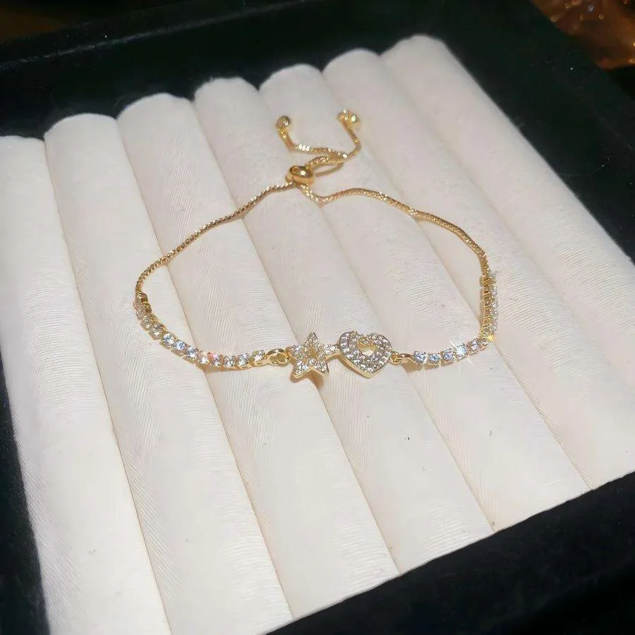 Women Fashion Charms Zircon Diamond Adjustable Chain Bracelet Copper Tennis Star Heart Shape Bracelet Jewelry for Jewellery Gift