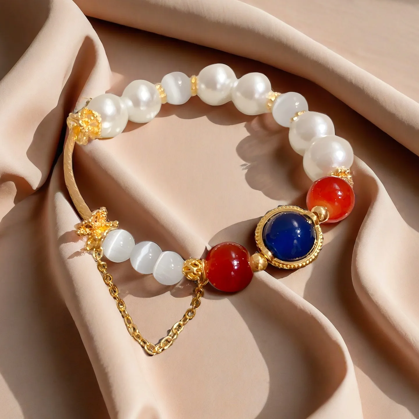 Custom Cat's Eye Stone Pearl Bracelet Beaded String Gold Plated Copper Bracelets Jewelry Fashion Jewellery for Ladies Woman view 3