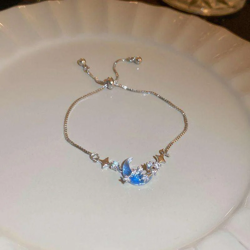 Women Fashion Charms Moon Star Bracelets Jewelry Fancy Jewellery Blue Copper Trendy Tennis Adjustable Chain Bracelet for Gift view 3