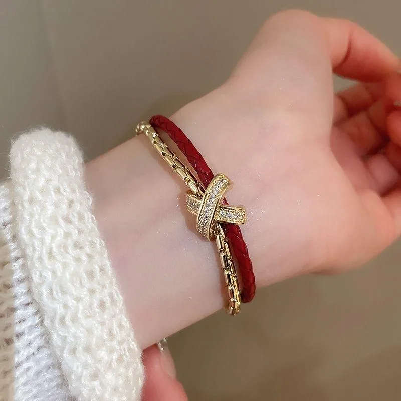 14K Gold Plated Copper Zircon Cross Double-Layer Bracelet Red Leather Trendy Gift Jewelry Unisex Fancy view 2