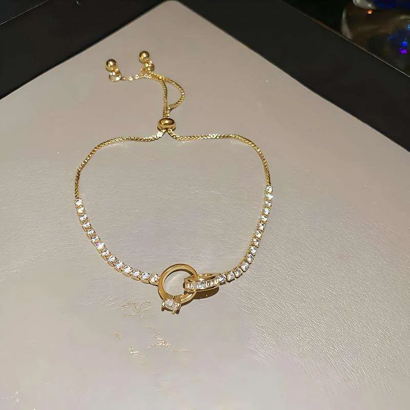 Women Tennis Diamond Double-ring Interlock Fashion Chain & Link Bracelets Gold Plated Copper Jewelry Fancy Jewellery for Ladies