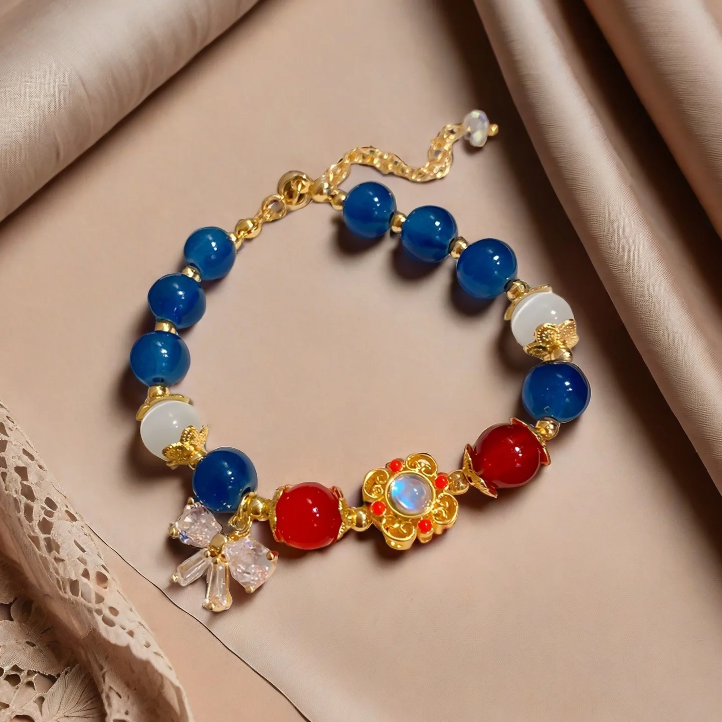 Woman Custom Cat's Eye Stone Glass Bracelet Bow Zircon Beaded String Gold Plated Copper Bracelets Jewelry Fashion Jewellery view 3