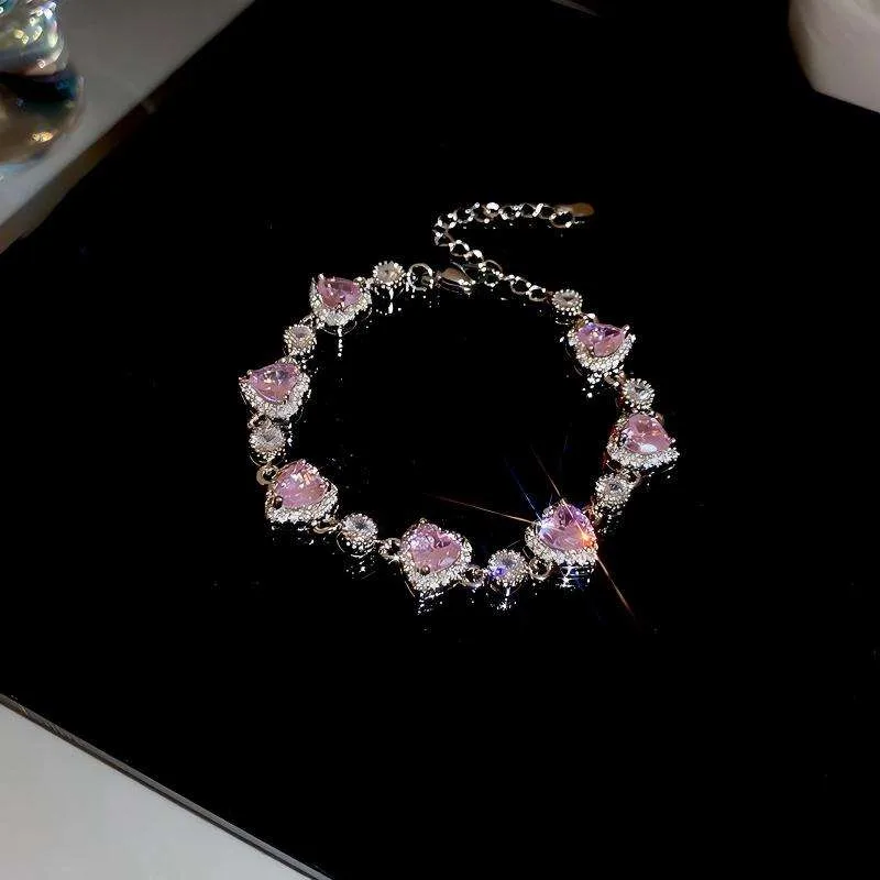 Luxury Copper Zircon Shining Bracelet with Full Diamond Pink Heart Trendy Fashion Custom Wedding Jewelry for Women Joias De Luxo