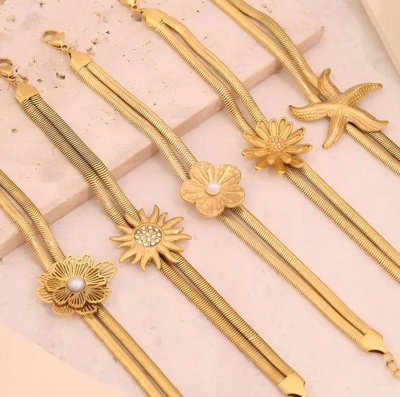 Custom Vintage Gold Plated Chain Stainless Steel Bracelets Starfish Sun Flower-shaped Temperament Female Women Bracelet Jewelry
