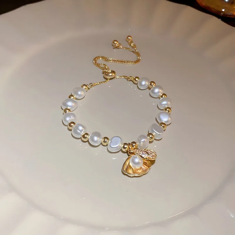 Baroque Pearl Bracelet Female Shell Accessories Gold Plated Adjustable Luxury Fashion Hand Jewelry Elegant Bangles