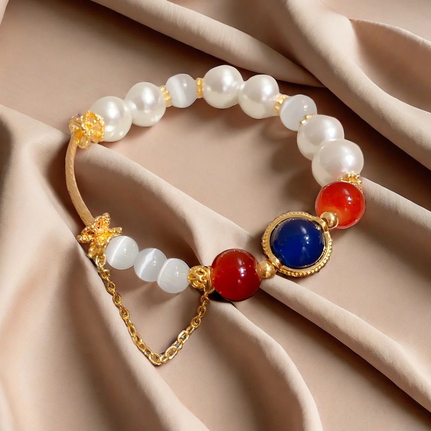 Custom Cat's Eye Stone Pearl Bracelet Beaded String Gold Plated Copper Bracelets Jewelry Fashion Jewellery for Ladies Woman view 2