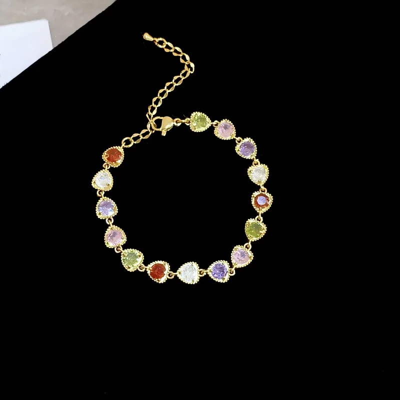 Custom Diamond Zircon Colorful Hearts Fashion Chain & Link Bracelets Gold Plated Copper Jewelry Fancy Jewellery for Ladies Women view 2