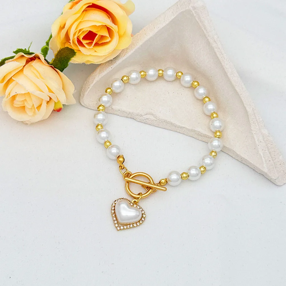 Fashion Designer Heart Pendant Pearl Beaded Jewelry Bracelets Wholesale Acrylic Imitation Pearl Zircon Bracelet for Women Girls view 2