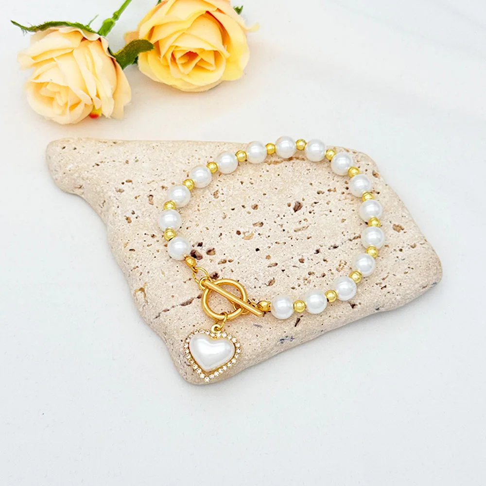 Fashion Designer Heart Pendant Pearl Beaded Jewelry Bracelets Wholesale Acrylic Imitation Pearl Zircon Bracelet for Women Girls