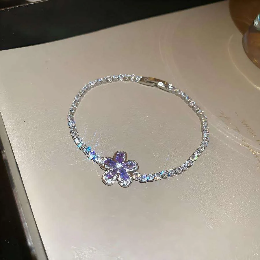 Purple Flower Shining Diamond Tennis Bracelet Women Copper Zircon Jewelry Fashion Chain Link Fancy Jewellery for Valentines Gift view 2