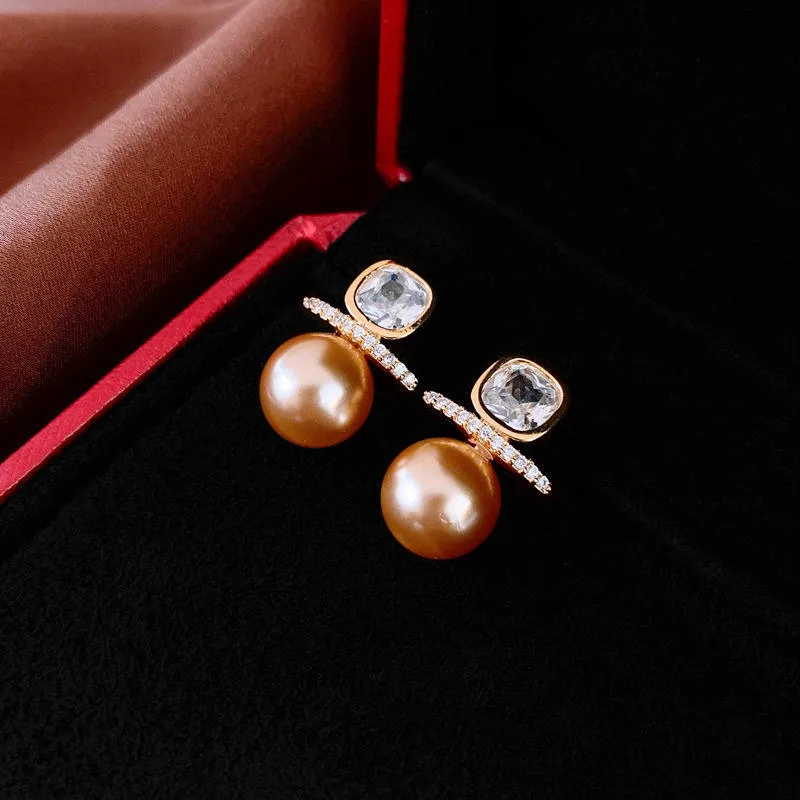 Luxury Pearl Stud Earrings with Square Crystal & Zircon Accents Exquisite Gold Plated Earrings for Women view 2
