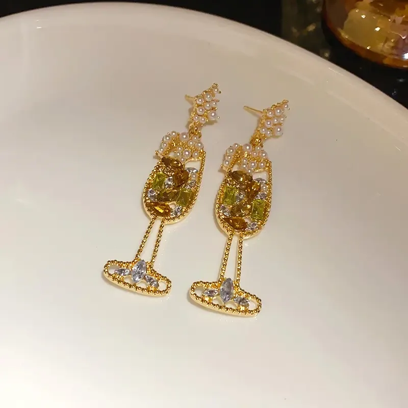 MUXCOR Hypoallergenic Needle Earrings for Women Trendy Diamond Pearl Wine Glass Design Earrings Gold Plated Alloy Jewelry