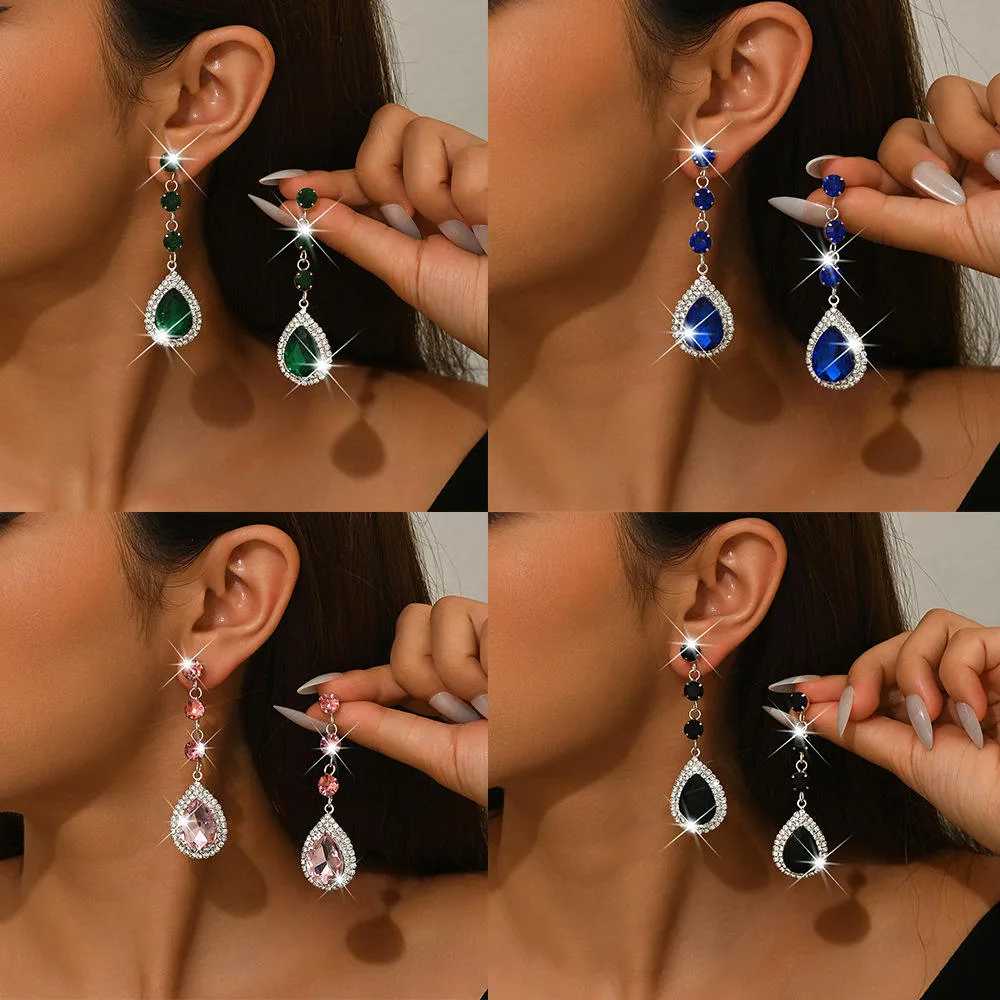 Wholesale Luxury Rhinestone Water Drop Shaped Long Pendant Earrings Women Fashion Colorful Earrings for Wedding Gift Jewelry view 3