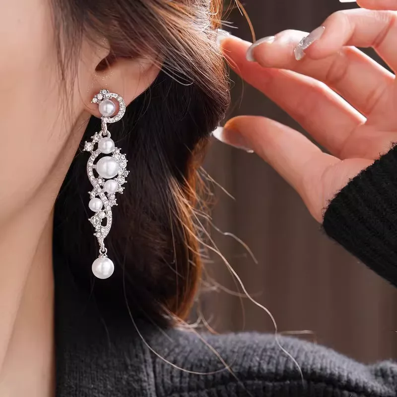 Long Dangle Pearl Earrings for Women Silver Toned Rhinestone Embellished Elegant Luxury Jewelry Perfect for Party Wedding Event view 3