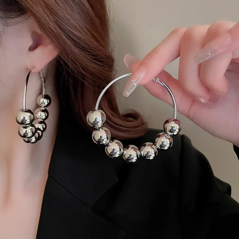 Silver Tone Ball Chain Hoop Earrings for Women Trendy Round Beaded Statement Hoops Shiny Polished Metal Daily Party Jewelry