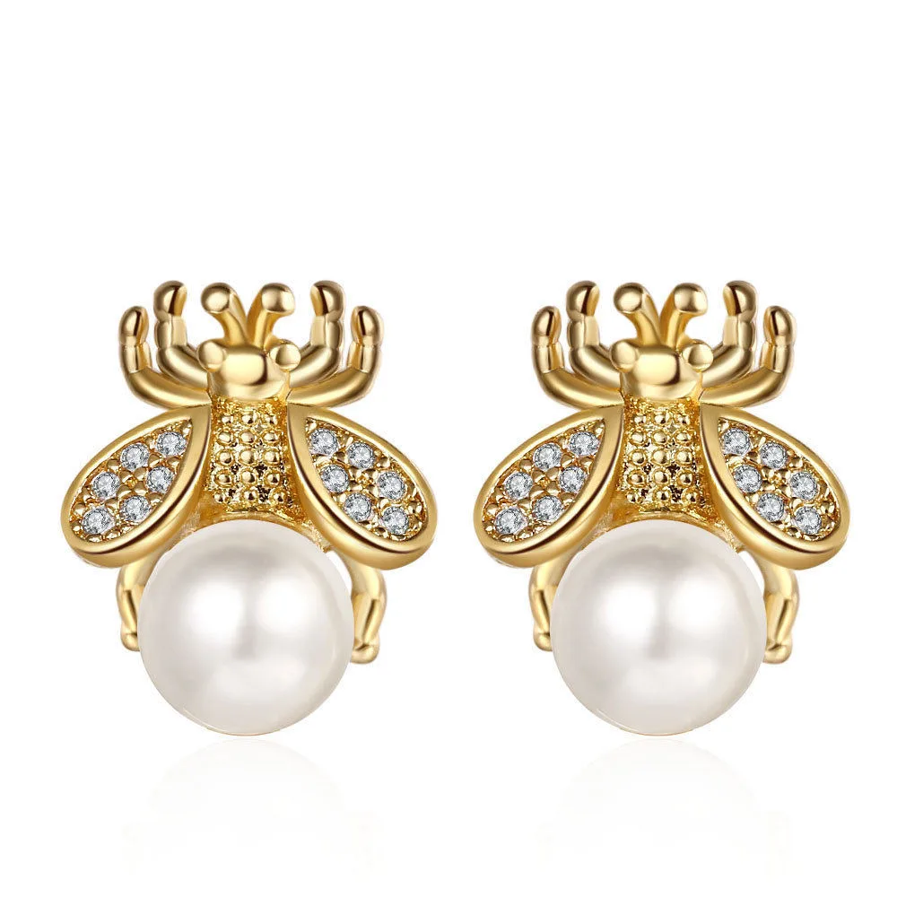 Fashion Bee Pearl Rhinestone Stud Earrings Elegant Exquisite Designer Earrings Wing Cute Statement Jewelry for Women Wedding