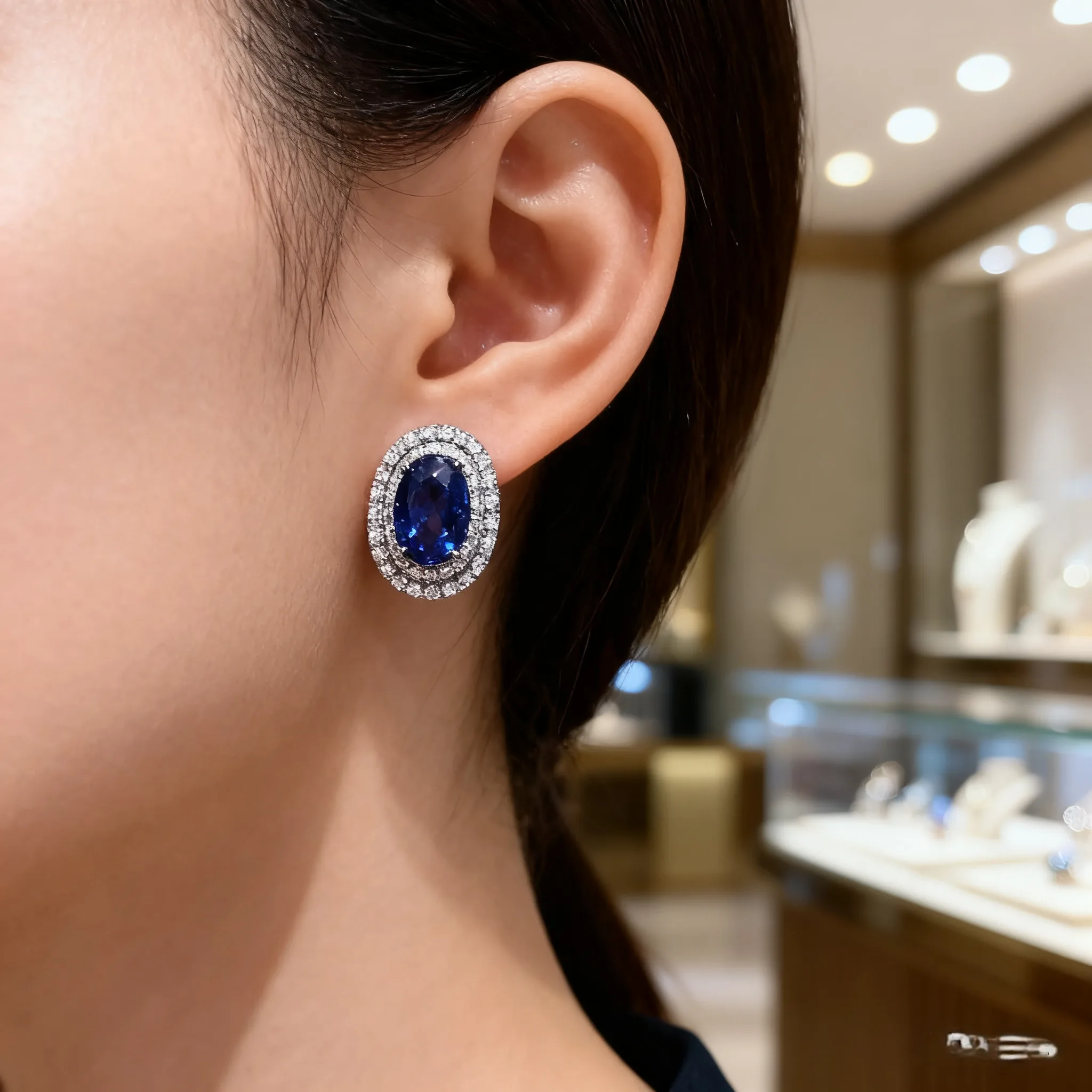 Women Luxury Oval Blue Sapphire Stud Earrings Diamond Like Zircon Halo Elegant Gemstone Jewelry Wedding Party Fine Craftsmanship