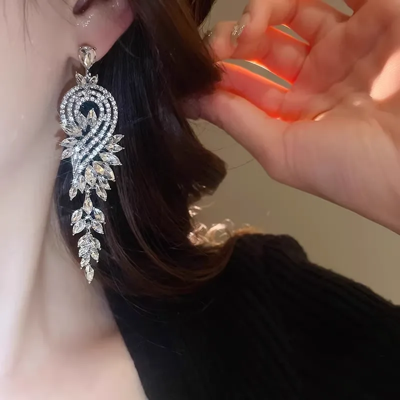 Long Dangle Crystal Earrings for Women Silver Toned Rhinestone Leaf Shape Luxury Shiny Sparkle Jewelry Bridal Party Wedding view 3