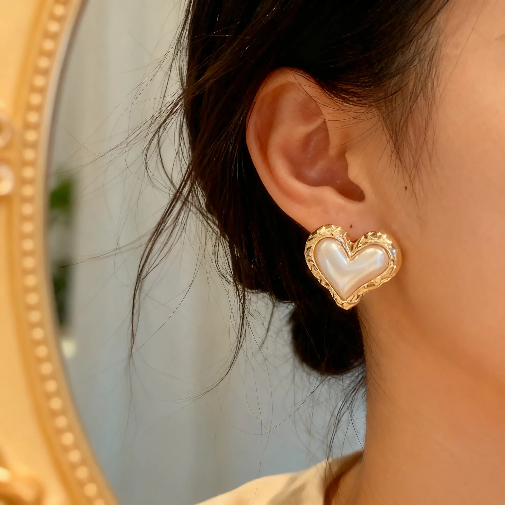 Elegant Heart Shaped Pearl Stud Earrings with Gold Plated Edge Fashionable Women Jewelry for Daily Wear Parties view 3