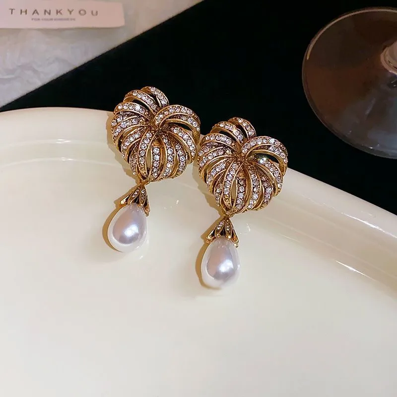 Elegant Trendy Exaggerated Firework Hollow Pearl Pendant Earrings Alloy Silver Needles Diamond Inlays for Women's Christmas view 2