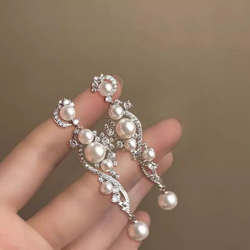 Long Dangle Pearl Earrings for Women Silver Toned Rhinestone Embellished Elegant Luxury Jewelry Perfect for Party Wedding Event view 2