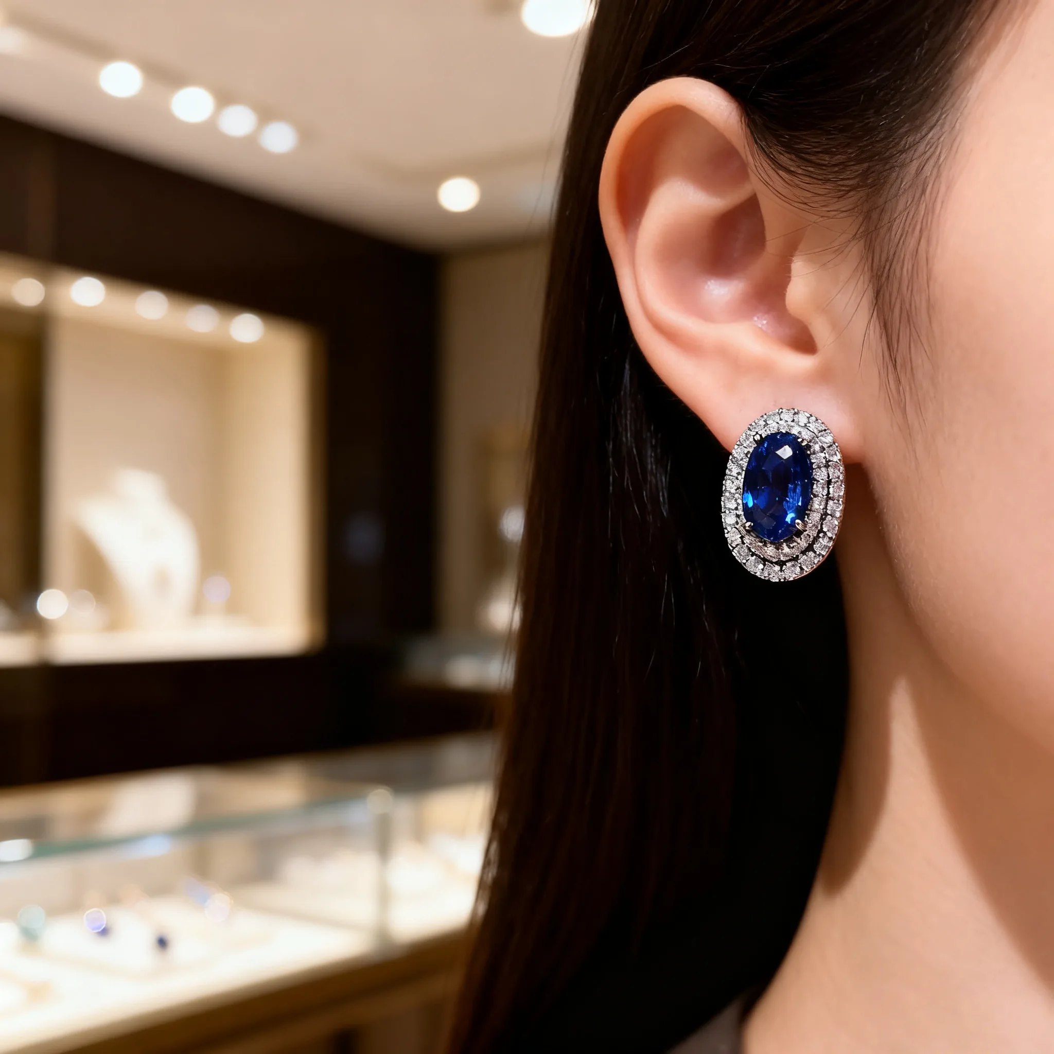 Women Luxury Oval Blue Sapphire Stud Earrings Diamond Like Zircon Halo Elegant Gemstone Jewelry Wedding Party Fine Craftsmanship view 2