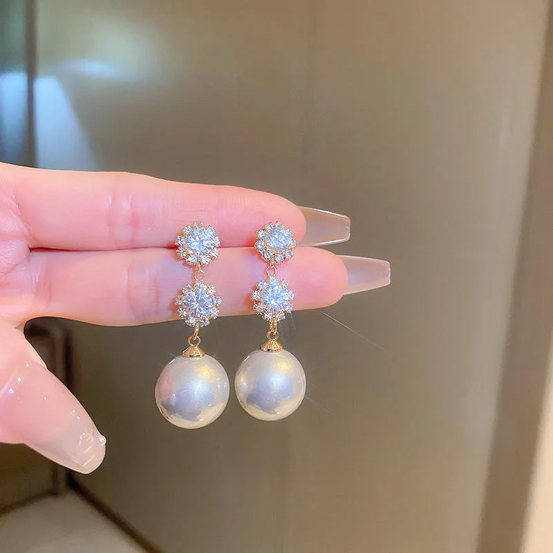 Luxury Pearl Drop Earrings Zircon Flower Elegant Long Dangle Wholesale Earrings Women Sparkling Crystal Embellished Jewelry view 2
