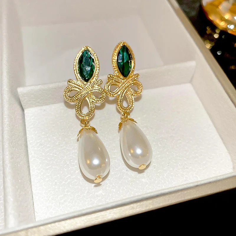 Fashion Jewelry Emerald Zircon Dangle Water Drop Pearl Pendant Earrings Women Party Wedding Earring Wholesale Earrings