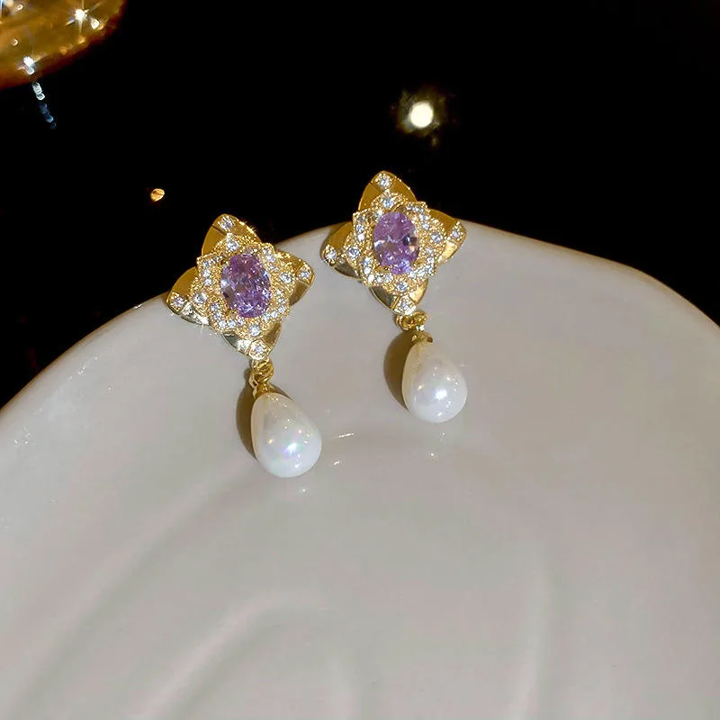 Fashion Jewelry Flower Purple Zircon Dangle Water Drop Pearl Pendant Earrings Women Party Wedding Earring Wholesale Earrings