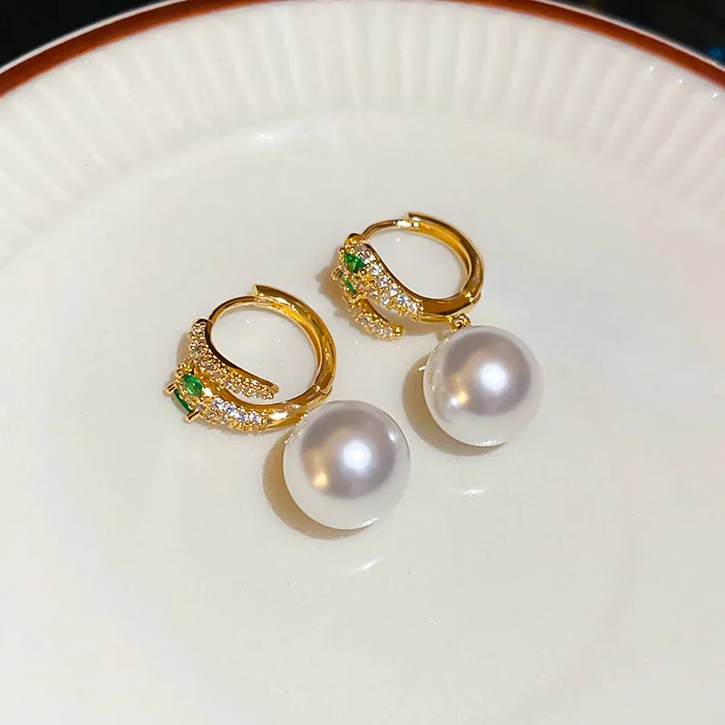 MUXCOR Wholesale Earrings Gold Plated Copper Jewelry Zircon Snake-shaped Artificial Pearl Pendant Clip-on Earrings view 2
