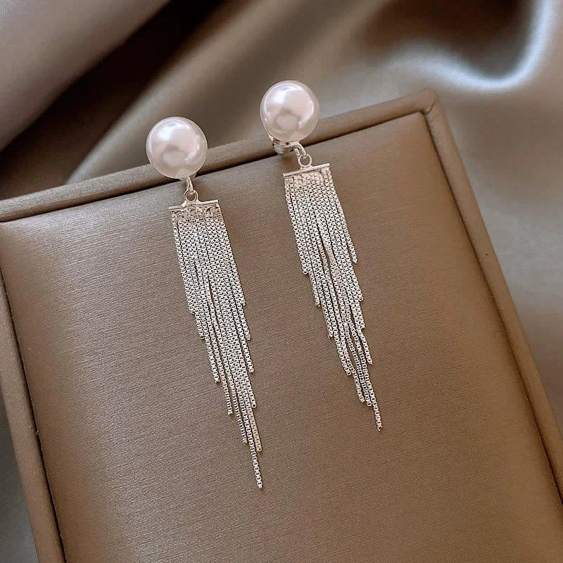 Elegant Silver Toned Tassel Earrings Pearl Sparkling Chain Fringe Design Exquisite Women Evening Party Daily Fashion Jewelry view 2