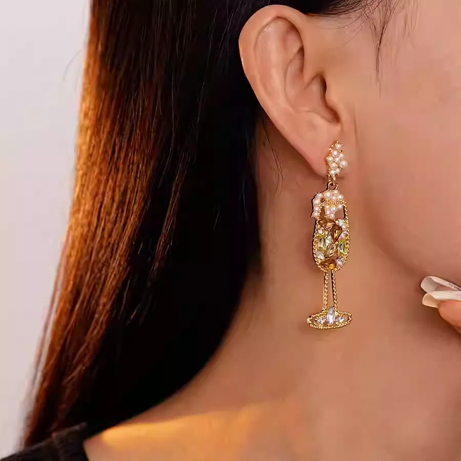 MUXCOR Hypoallergenic Needle Earrings for Women Trendy Diamond Pearl Wine Glass Design Earrings Gold Plated Alloy Jewelry view 2