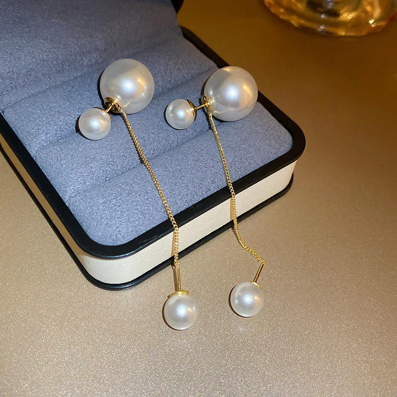 Elegant Double Sided Pearl Drop Earrings Gold Chain Versatile Long Wholesale Fashion Earrings for Women Suitable Daily Wear