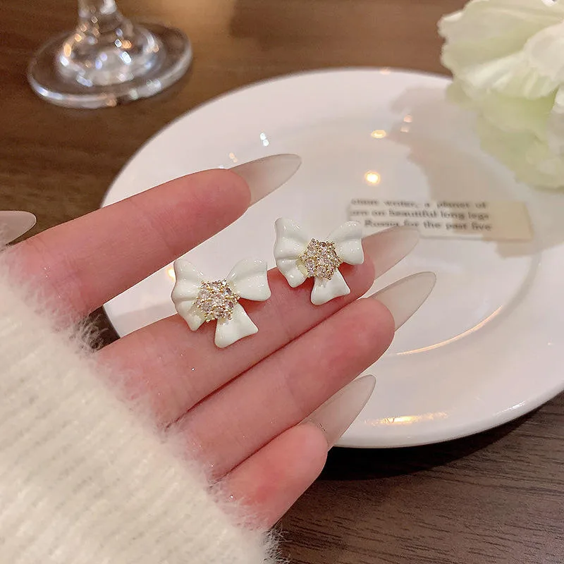 Wholesale Earrings White Bowknot Stud Earrings for Women Trendy Gold Plated Copper Alloy Zircon Elegant Earring view 2