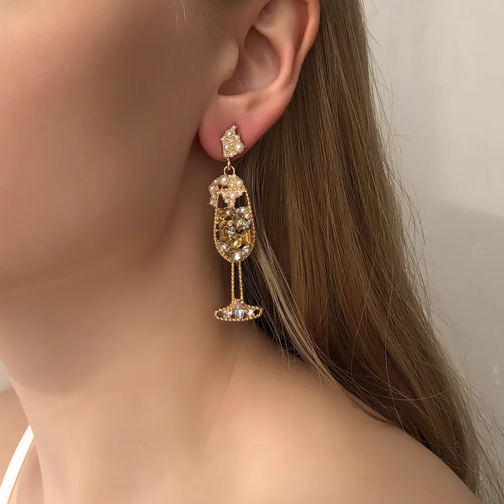 MUXCOR Hypoallergenic Needle Earrings for Women Trendy Diamond Pearl Wine Glass Design Earrings Gold Plated Alloy Jewelry view 3