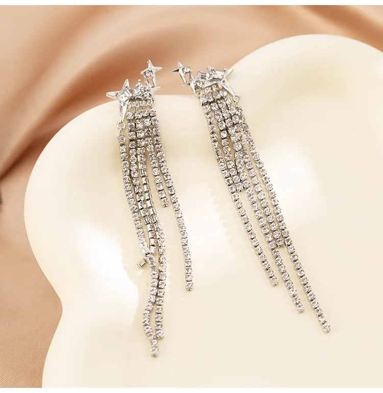 Sparkling Star Shaped Tassel Earrings for Women Premium Copper with Zircon Stones Minimalist Luxury Design Long Dangle Tassel