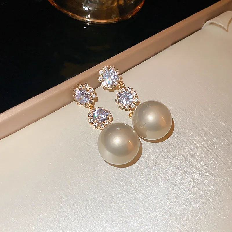 Luxury Pearl Drop Earrings Zircon Flower Elegant Long Dangle Wholesale Earrings Women Sparkling Crystal Embellished Jewelry view 3