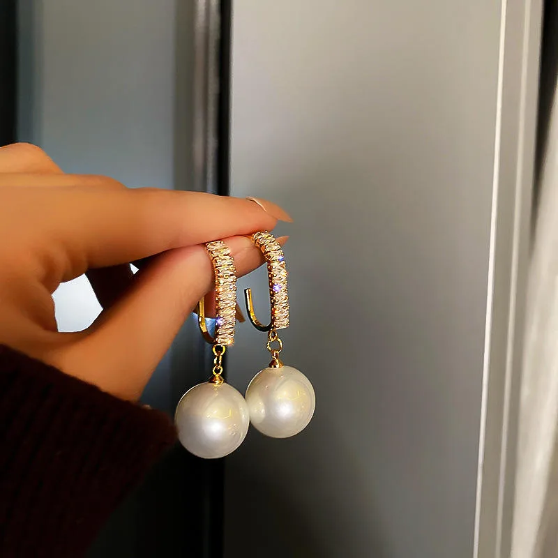 Luxury Shiny Oversize Pearl Drop Wholesale Earrings Crystal Golden Round Pearl Wedding Dangle Earrings Jewelry Party Gift