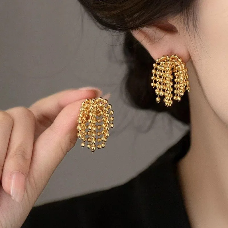 Wholesale Shiny 14K Gold Plated Silver Needle-shaped Firework Ball Stud Tassel Drop Earrings Trendy Copper Jewelry Women Party view 3