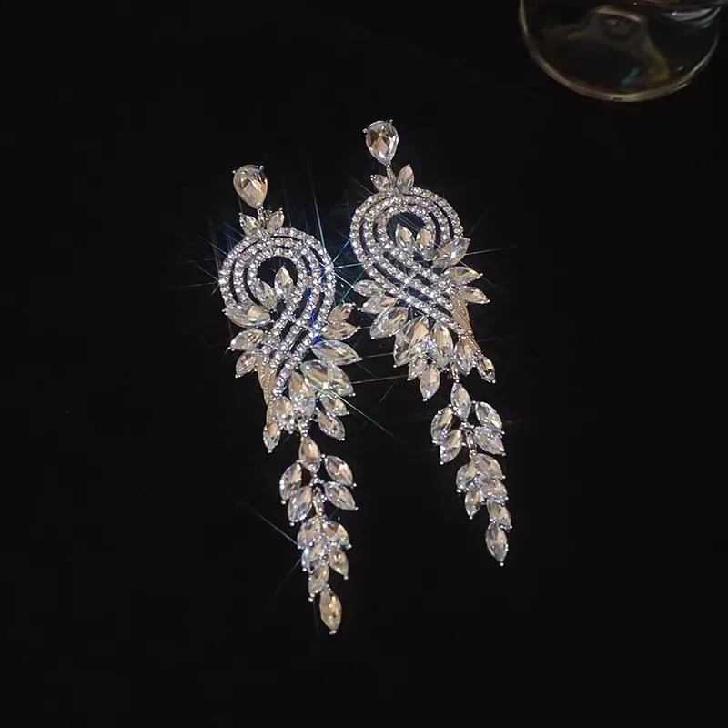 Long Dangle Crystal Earrings for Women Silver Toned Rhinestone Leaf Shape Luxury Shiny Sparkle Jewelry Bridal Party Wedding view 2