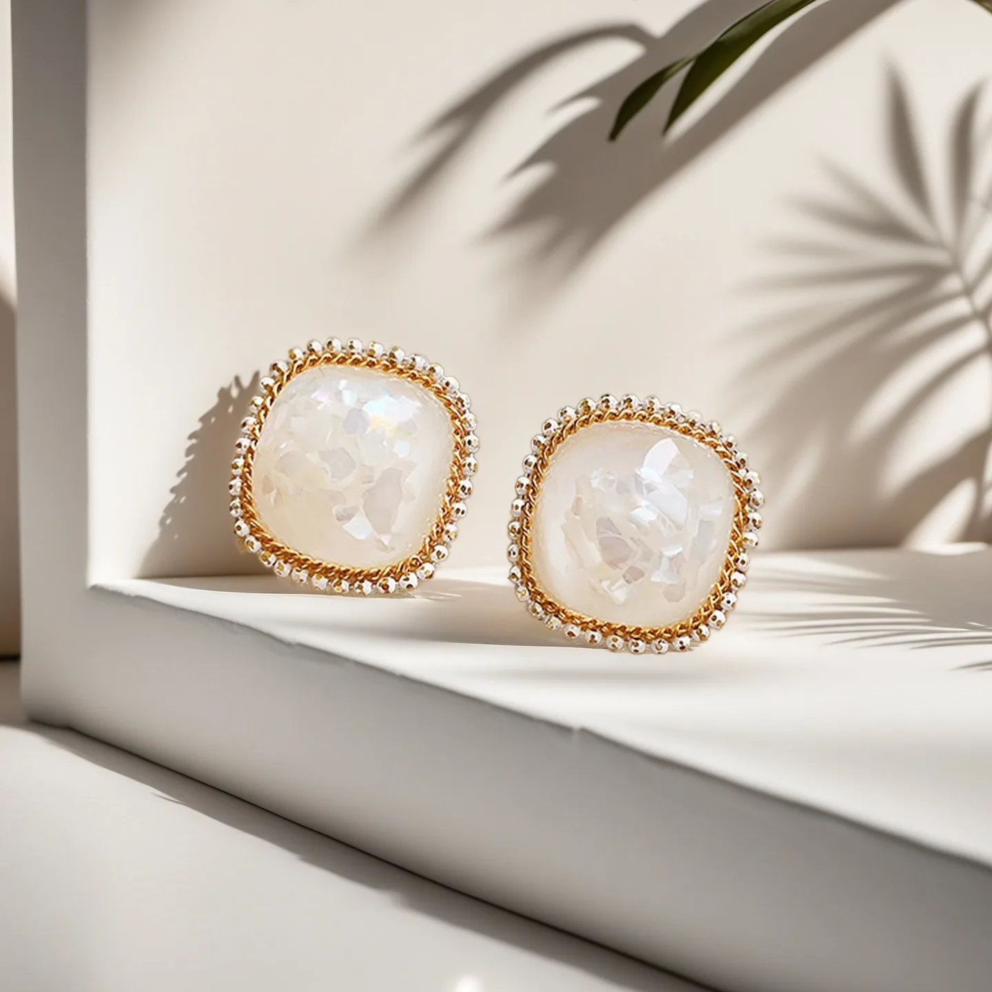 Korean Style Square Stud Earrings with Iridescent Shell Inlay Gold Plated Edge Decor Elegant Women Jewelry for Daily Party Wear