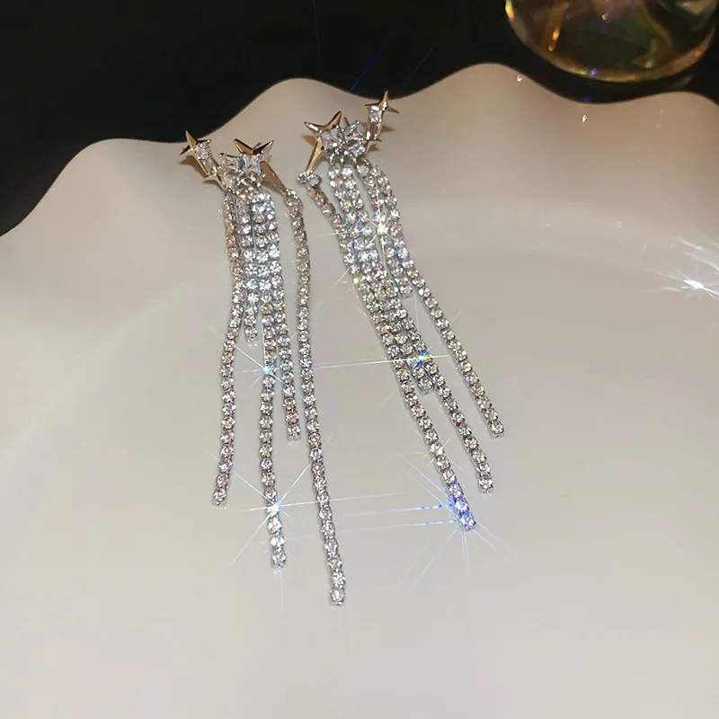 Sparkling Star Shaped Tassel Earrings for Women Premium Copper with Zircon Stones Minimalist Luxury Design Long Dangle Tassel view 3