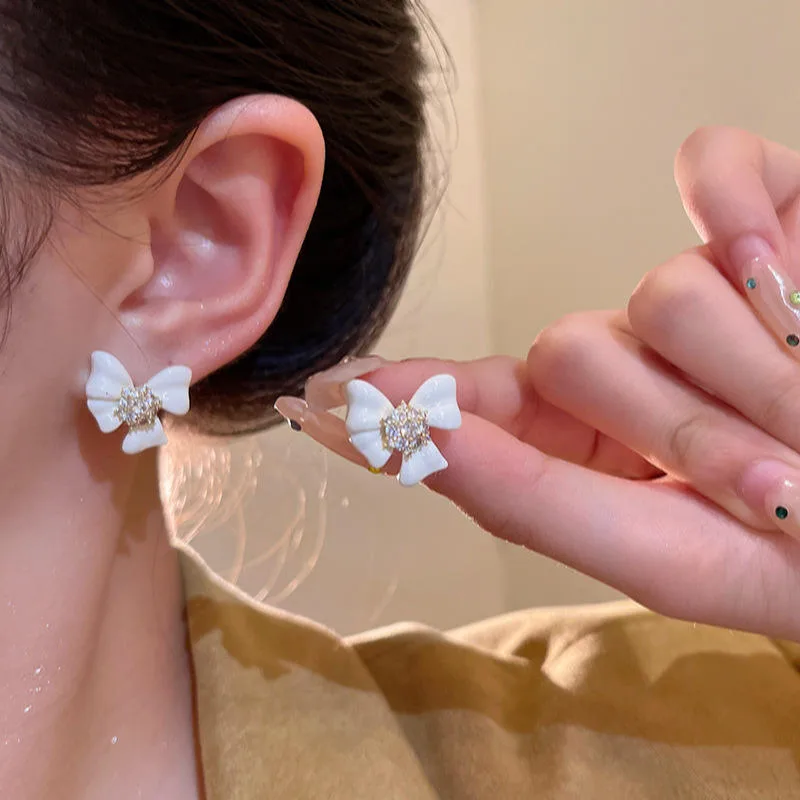 Wholesale Earrings White Bowknot Stud Earrings for Women Trendy Gold Plated Copper Alloy Zircon Elegant Earring view 3