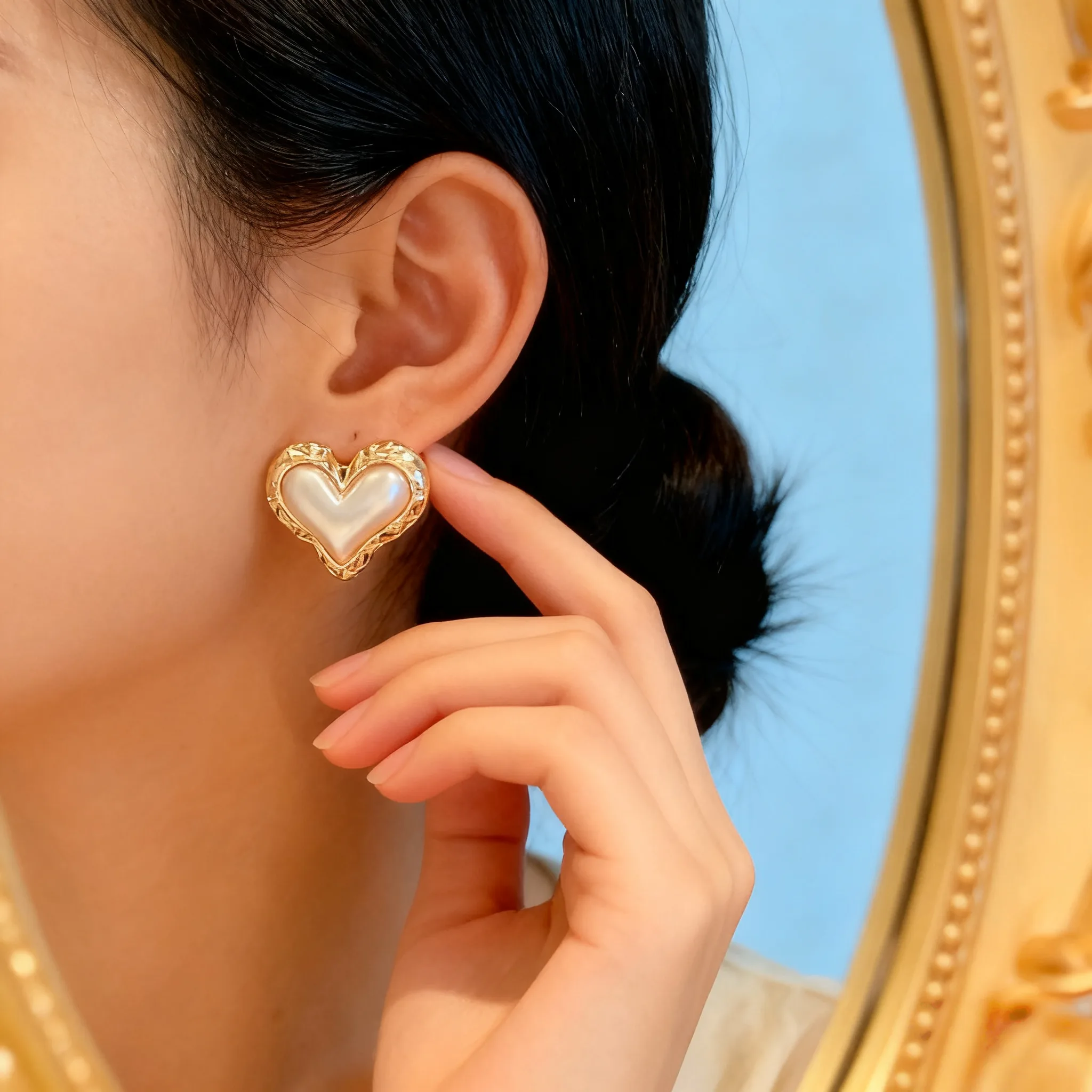 Elegant Heart Shaped Pearl Stud Earrings with Gold Plated Edge Fashionable Women Jewelry for Daily Wear Parties view 2