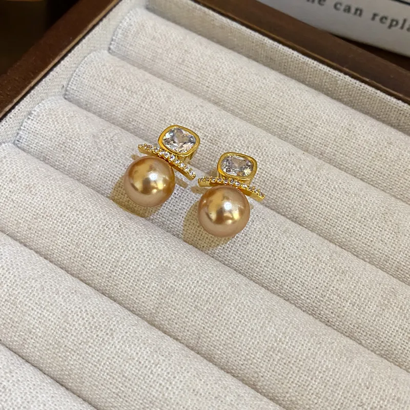 Luxury Pearl Stud Earrings with Square Crystal & Zircon Accents Exquisite Gold Plated Earrings for Women