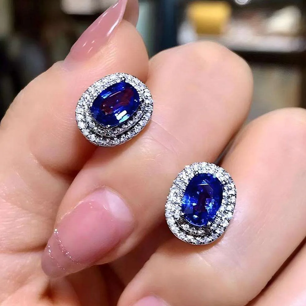Women Luxury Oval Blue Sapphire Stud Earrings Diamond Like Zircon Halo Elegant Gemstone Jewelry Wedding Party Fine Craftsmanship view 3